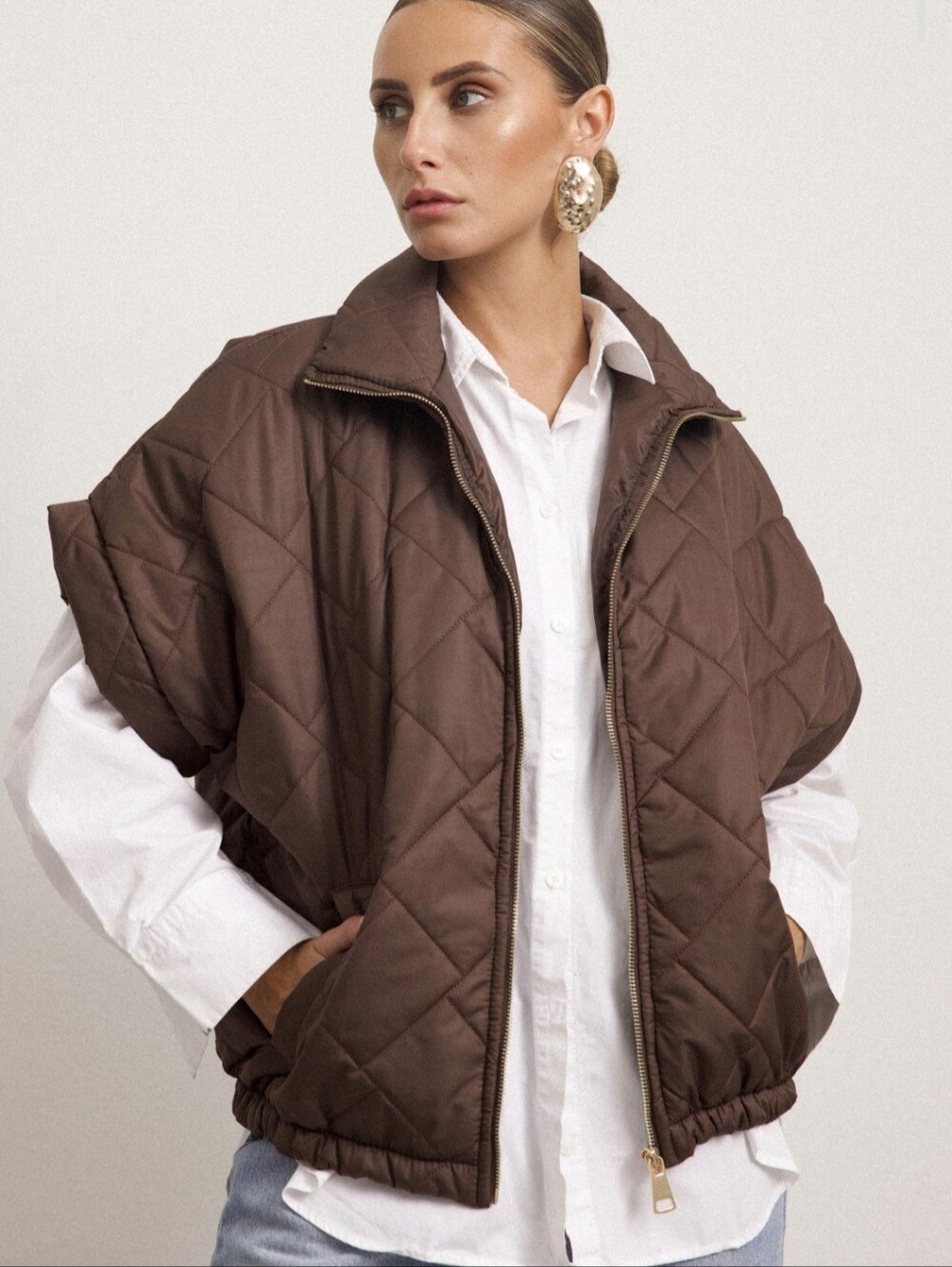 Quilted Short-Sleeve Puffer Jacket - Brown Made In Italy L